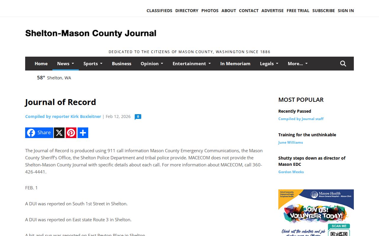 Mason County Journal of Record call-activity source