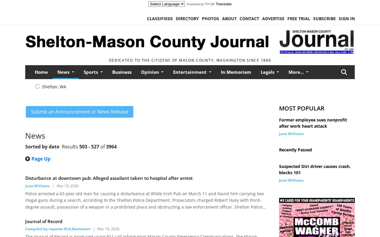 Mason County news archive record from the Shelton-Mason County Journal
