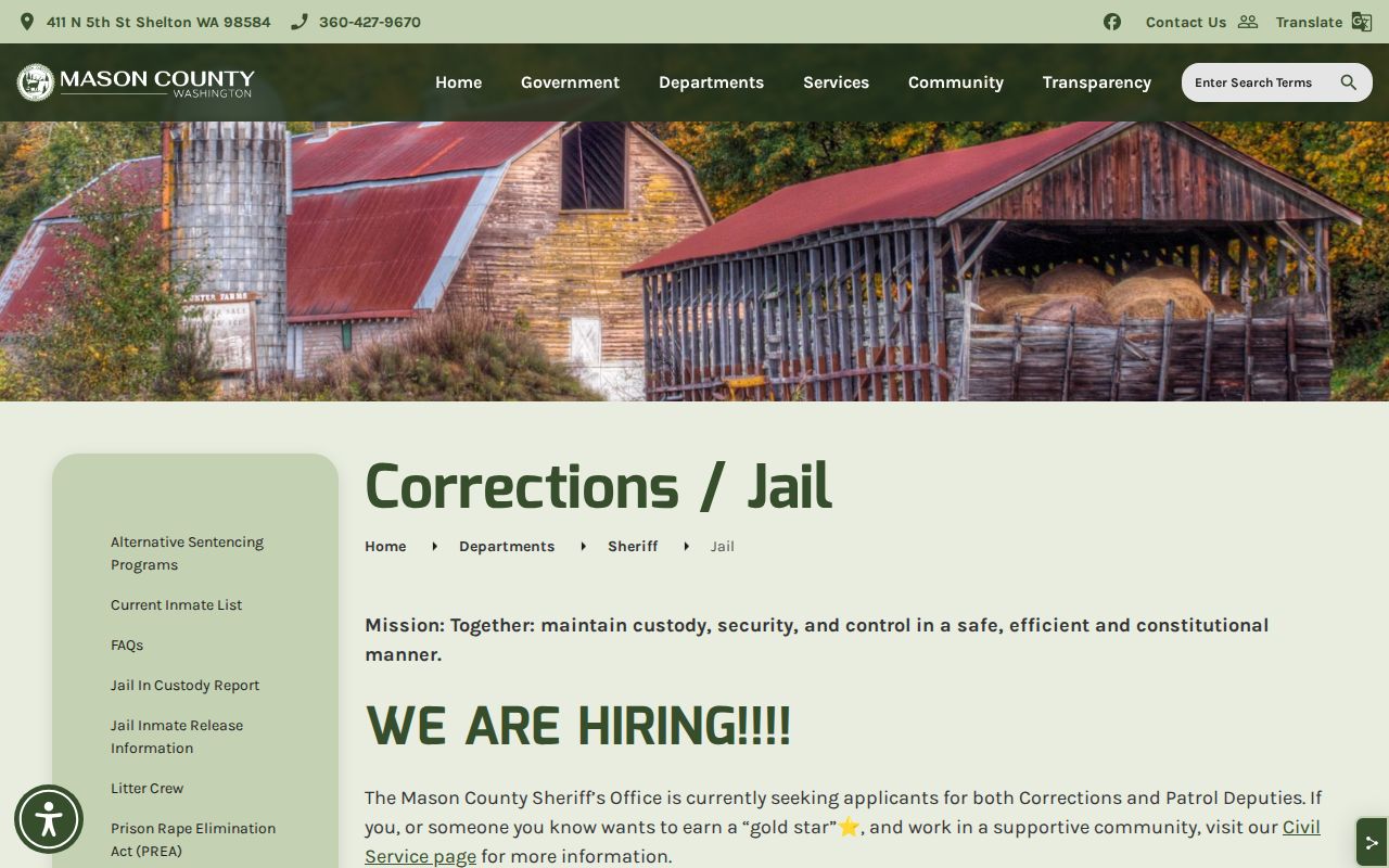 Mason County Jail official navigation for custody-record context
